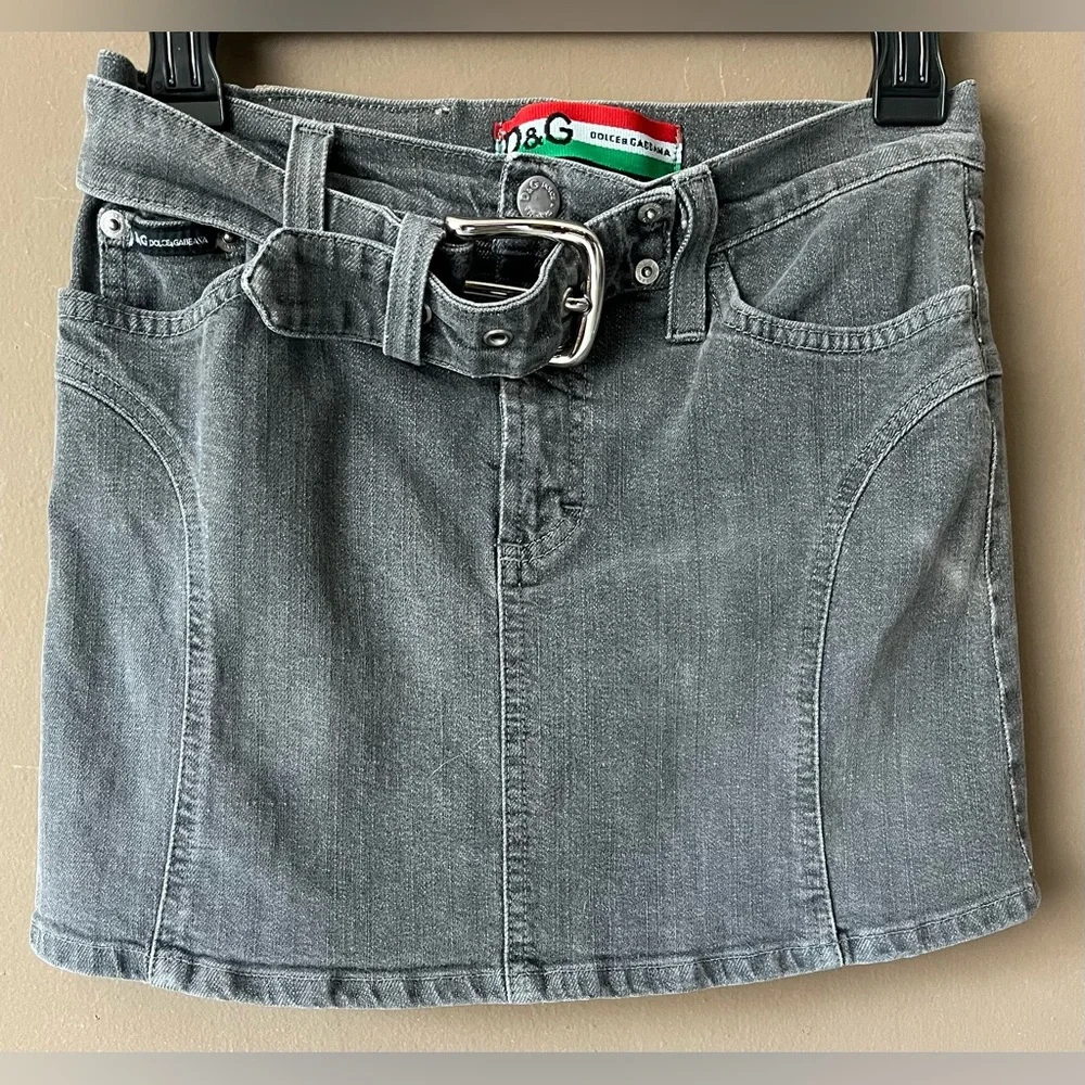 Vintage Dolce & Gabbana Gray Denim Mini Skirt with Buckle Belt